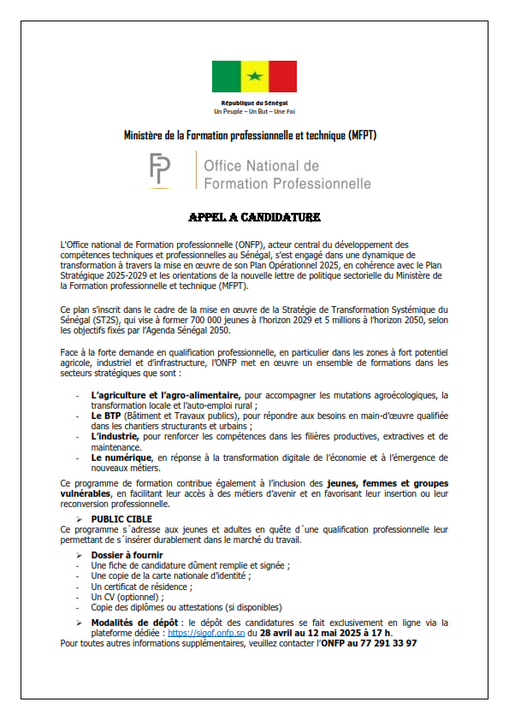 Appel a candidature du 28 Avr au 12 Mai